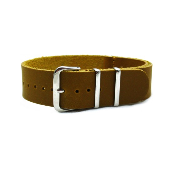 HNS Handmade Coffee Calf Leather Watch Strap With 3 Polished Stainless Steel Rings