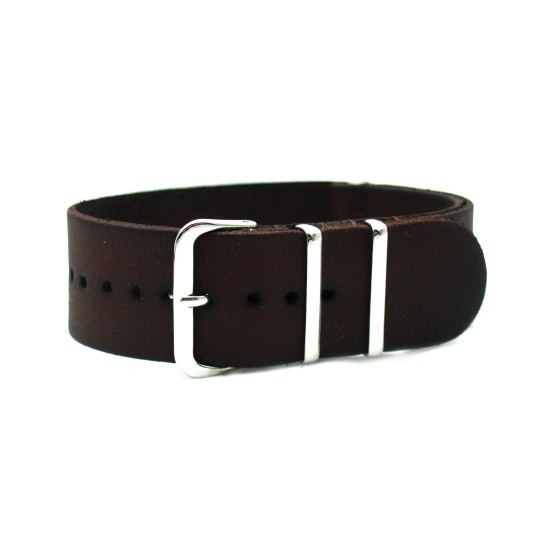 HNS Handmade Vintage Dark Brown Calf Leather Watch Strap With 3 Polished Stainless Steel Rings