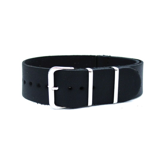 HNS Handmade Black Calf Leather Watch Strap With 3 Polished Stainless Steel Rings
