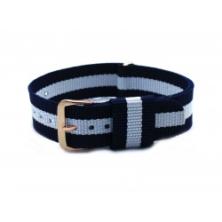 HNS Navy & White Strip Nylon Vintage Watch Strap With Rose Gold Polished Stainless Steel Buckle