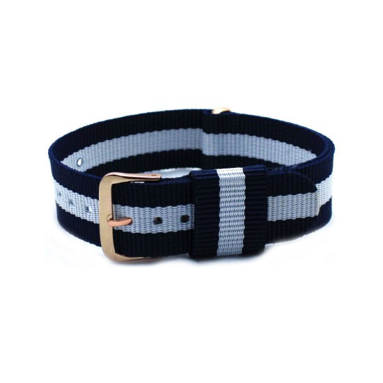 HNS Navy & White Strip Nylon Vintage Watch Strap With Rose Gold Polished Stainless Steel Buckle