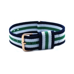 HNS Navy & White & Green Strip Nylon Vintage Watch Strap With Rose Gold Polished Stainless Steel Buckle