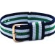 HNS Navy & White & Green Strip Nylon Vintage Watch Strap With Rose Gold Polished Stainless Steel Buckle