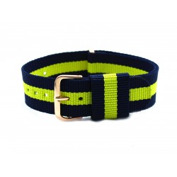 HNS Navy & Yellow Strip Nylon Vintage Watch Strap With Rose Gold Polished Stainless Steel Buckle