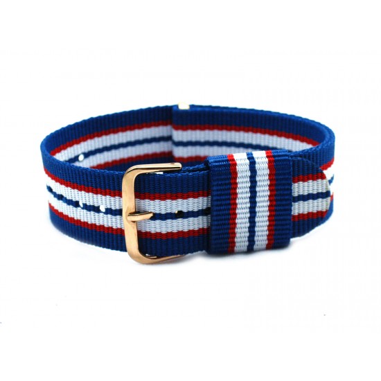 HNS Blue & Red & White Strip Nylon Vintage Watch Strap With Rose Gold Polished Stainless Steel Buckle