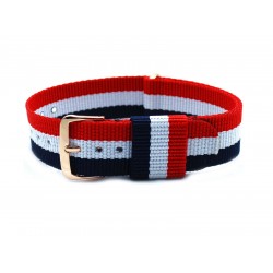 HNS France Flag Red & White & Blue Strip Nylon Vintage Watch Strap With Rose Gold Polished Stainless Steel Buckle