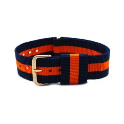 HNS Navy & Orange Strip Nylon Vintage Watch Strap With Rose Gold Polished Stainless Steel Buckle