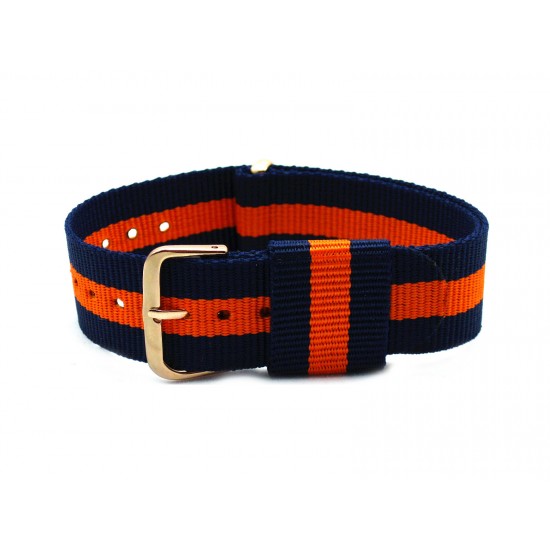 HNS Navy & Orange Strip Nylon Vintage Watch Strap With Rose Gold Polished Stainless Steel Buckle