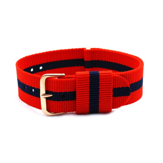 HNS Red & Navy Strip Nylon Vintage Watch Strap With Rose Gold Polished Stainless Steel Buckle