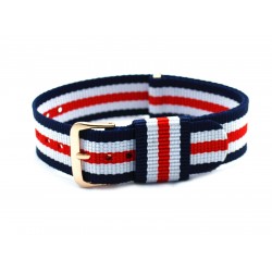HNS Blue & White & Red Strip Nylon Vintage Watch Strap With Rose Gold Polished Stainless Steel Buckle