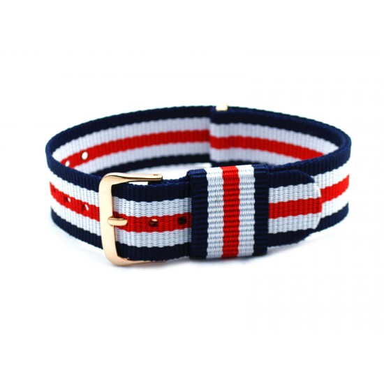 HNS Blue & White & Red Strip Nylon Vintage Watch Strap With Rose Gold Polished Stainless Steel Buckle