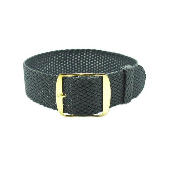 HNS Dark Grey Perlon Braided Woven Strap With Gold Brushed Stainless Steel Buckle