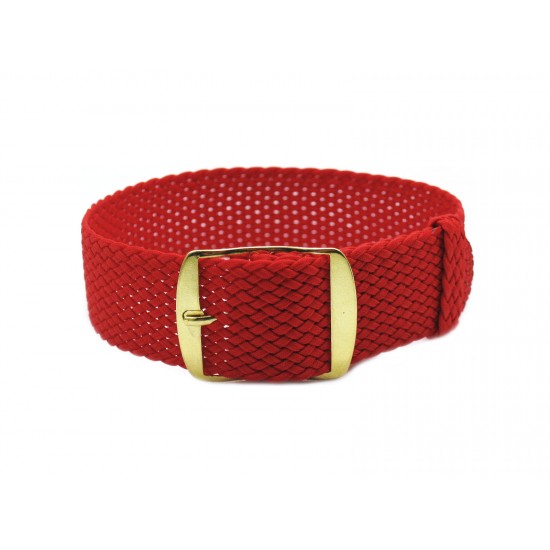 HNS Red Perlon Braided Woven Strap With Gold Brushed Stainless Steel Buckle