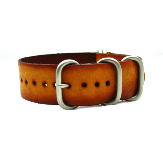 HNS Handmade Vintage Washing Style Honey Calf Leather Watch Strap With 5 Matt Stainless Steel Rings