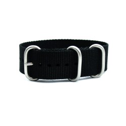 HNS Black Heavy Duty Ballistic Nylon Watch Strap with 3 Matt Stainless Steel Rings