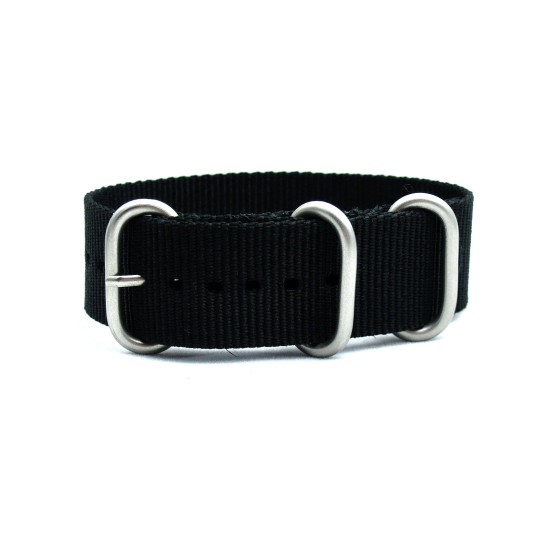 HNS Black Heavy Duty Ballistic Nylon Watch Strap with 3 Matt Stainless Steel Rings