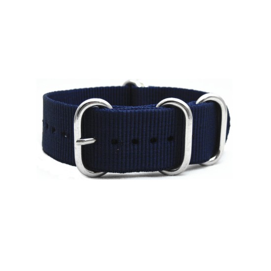 HNS Navy Blue Heavry Duty Ballistic Nylon Watch Strap With 5 Polished Stainless Steel Rings