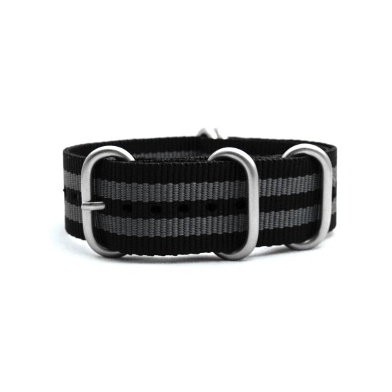 HNS Bond Black & Grey Heavy Duty Ballistic Nylon Watch Strap with 5 Matt Stainless Steel Rings