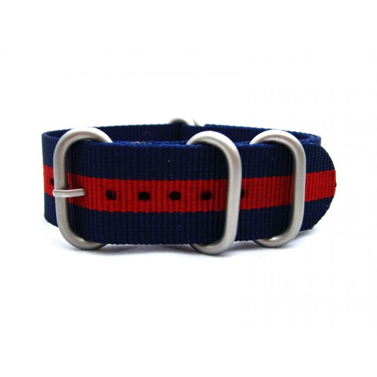 HNS Navy & Red Strip Heavy Duty Ballistic Nylon Watch Strap With 5 Matt Stainless Steel Rings