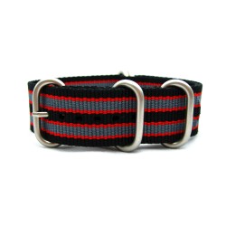 HNS Black & Red & Grey Strip Heavy Duty Ballistic Nylon Watch Strap With 5 Matt Stainless Steel Rings