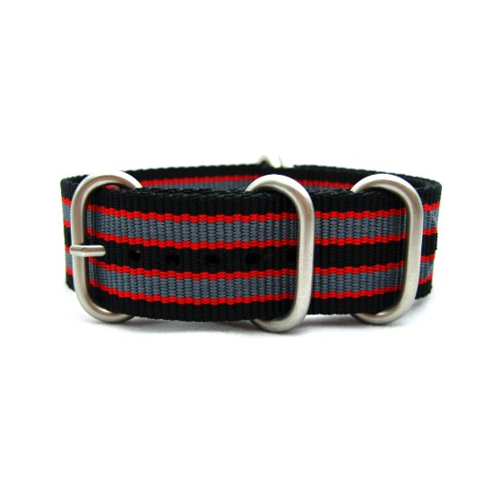 HNS Black & Red & Grey Strip Heavy Duty Ballistic Nylon Watch Strap With 5 Matt Stainless Steel Rings