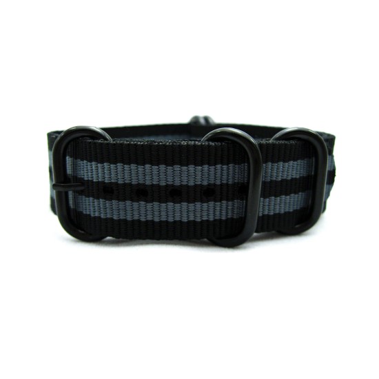 HNS James Bond 007 Black & Grey  Heavy Duty Ballistic Nylon Watch Strap With 5 PVD Coated Stainless Steel Rings
