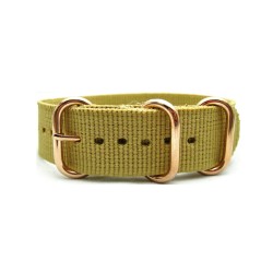HNS Khaki Heavy Duty Ballistic Nylon Watch Strap With 3 Rose Gold Plated Stainless Steel Rings