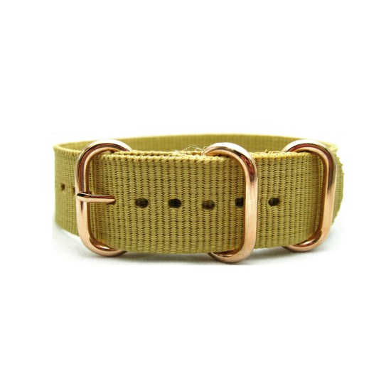 HNS Khaki Heavy Duty Ballistic Nylon Watch Strap With 3 Rose Gold Plated Stainless Steel Rings