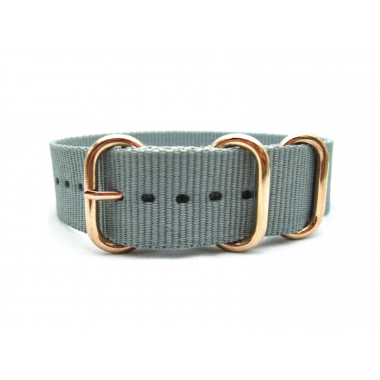 HNS Light Grey Heavy Duty Ballistic Nylon Watch Strap With 3 Rose Gold Plated Stainless Steel Rings