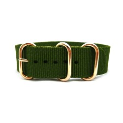 HNS Olive Heavy Duty Ballistic Nylon Watch Strap With 3 Rose Gold Plated Stainless Steel Rings
