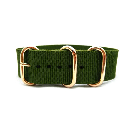HNS Olive Heavy Duty Ballistic Nylon Watch Strap With 3 Rose Gold Plated Stainless Steel Rings