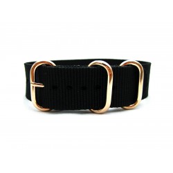 HNS Black Heavy Duty Ballistic Nylon Watch Strap With 3 Rose Gold Plated Stainless Steel Rings
