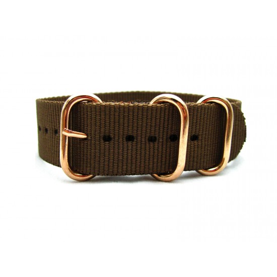 HNS Coffee Heavy Duty Ballistic Nylon Watch Strap With 3 Rose Gold Plated Stainless Steel Rings