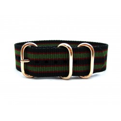 HNS Black & Red & Green Strip Heavy Duty Ballistic Nylon Watch Strap With 3 Rose Gold Plated Stainless Steel Rings