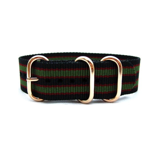 HNS Black & Red & Green Strip Heavy Duty Ballistic Nylon Watch Strap With 3 Rose Gold Plated Stainless Steel Rings