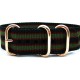 HNS Black & Red & Green Strip Heavy Duty Ballistic Nylon Watch Strap With 3 Rose Gold Plated Stainless Steel Rings