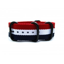 HNS France Flag Red & White & Blue Heavy Duty Ballistic Nylon Watch Strap With 5 PVD Coated Stainless Steel Rings