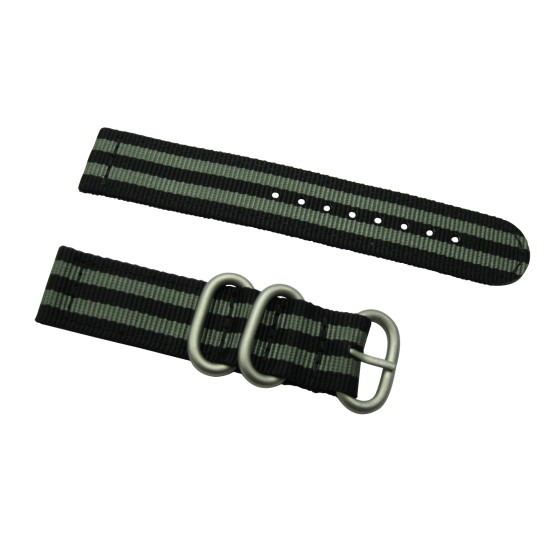 HNS 2 Pieces James Bond 007 Black & Grey Heavy Duty Ballistic Nylon Watch Strap With 3 Matt Stainless Steel Rings