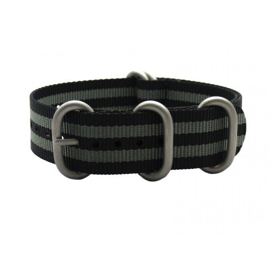 HNS 007 Bond Black & Grey Heavy Duty Ballistic Nylon Watch Strap with 5 Matt Stainless Steel Rings