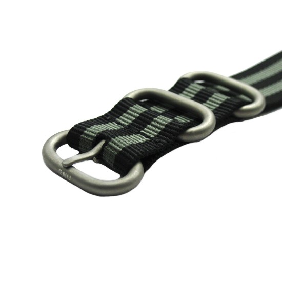 HNS 007 Bond Black & Grey Heavy Duty Ballistic Nylon Watch Strap with 5 Matt Stainless Steel Rings