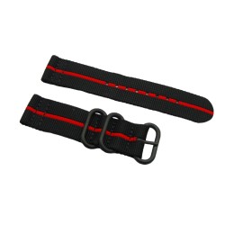 HNS 2 Pieces Black with Red Heavy Duty Ballistic Nylon Watch Strap With 3 PVD Coated Stainless Steel Rings