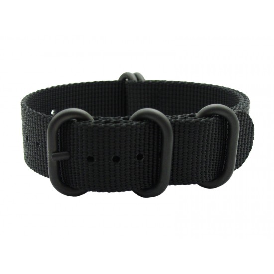 HNS Black Heavy Duty Ballistic Nylon Watch Strap With 5 PVD Coated Stainless Steel Rings