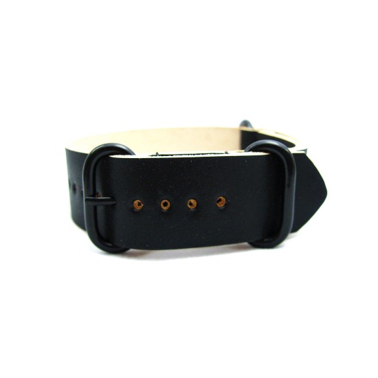 HNS Handmade Reto Style Black Calf Leather Watch Strap With 3 PVD Coated Stainless Steel Rings
