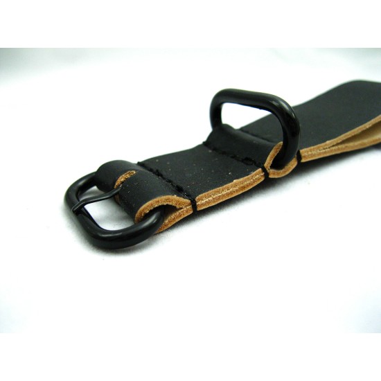 HNS Handmade Reto Style Black Calf Leather Watch Strap With 3 PVD Coated Stainless Steel Rings