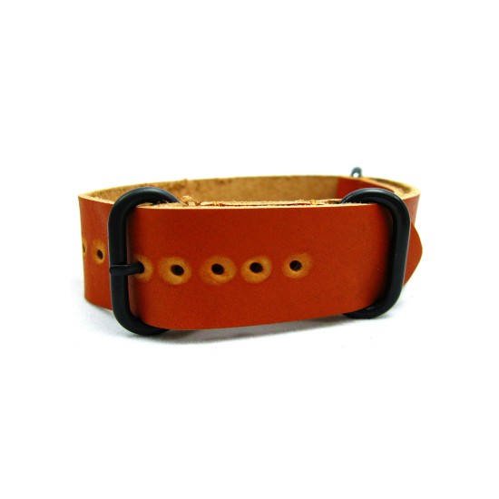HNS Handmade Antique Vintage Style Honey Calf Leather Watch Strap With 3 PVD Coated Stainless Steel Rings