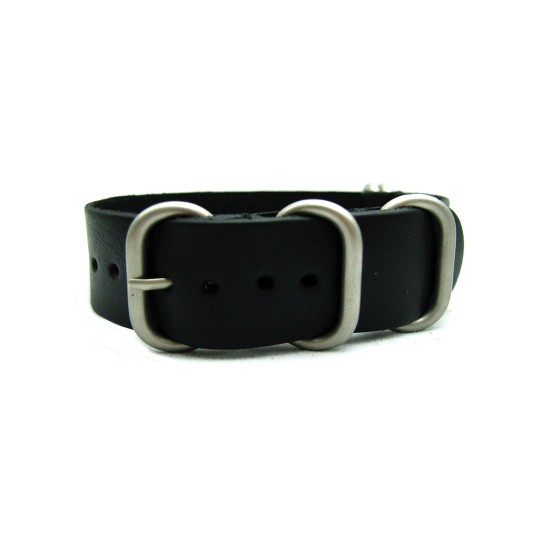 HNS Handmade Black Calf Leather Watch Strap With 5 Matt Stainless Steel Rings