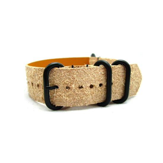 HNS Handmade Rough Style Light Tan Calf Leather Watch Strap With 4 PVD Coated Stainless Steel Rings