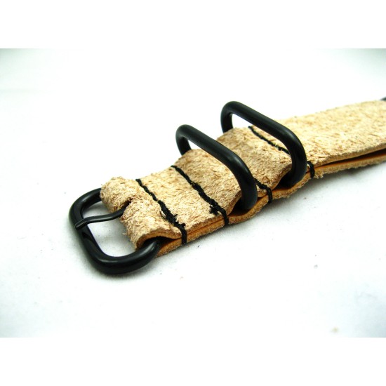HNS Handmade Rough Style Light Tan Calf Leather Watch Strap With 4 PVD Coated Stainless Steel Rings