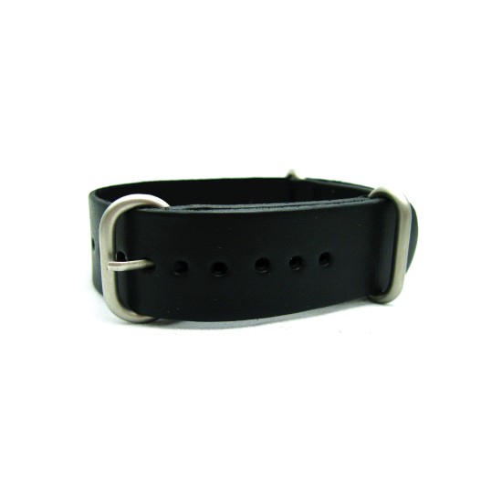 HNS Handmade Black Calf Leather Watch Strap With 3 Matt Stainless Steel Rings