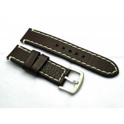 HNS 24MM Italian Dark Brown Calf Strap With Handed White Rough Sewn In Brushed Buckle